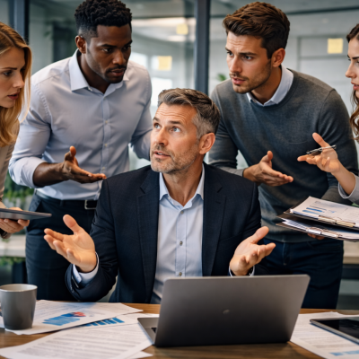 business owner being questioned